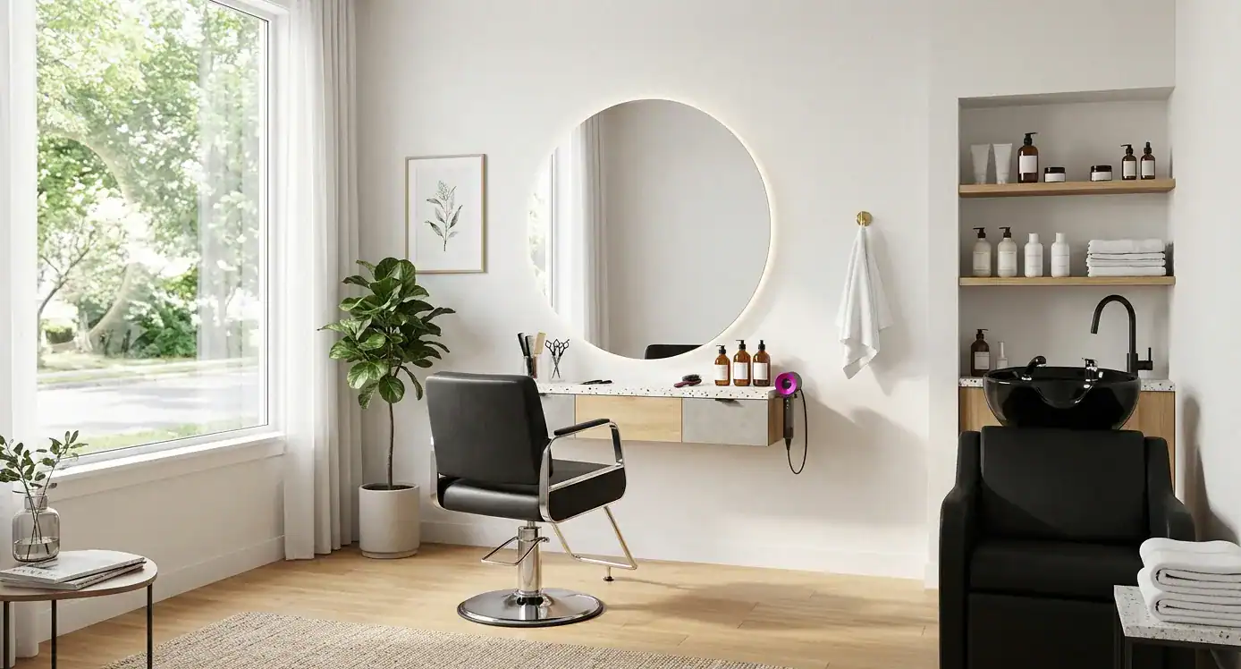 Modern salon suite with styling chair, backlit mirror, and shampoo bowl